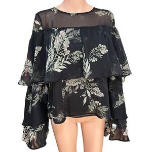 Leith Women's Black Long Sleeve Floral Print Tiered Sheer Blouse size M